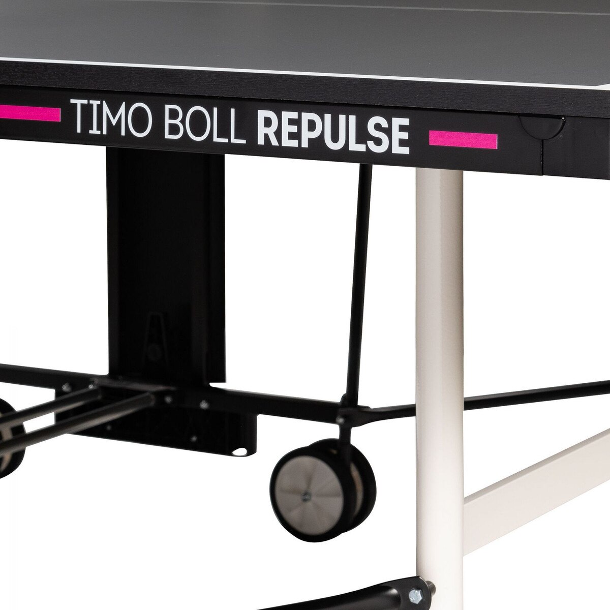 The Butterfly Timo Boll Repulse Indoor Ping Pong Table is shown here with the tables name printed on the side, with a medium pink line.